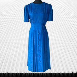 Vintage 80s Blue Floral Button Front Midi Dress - original tags Size 8 Petite